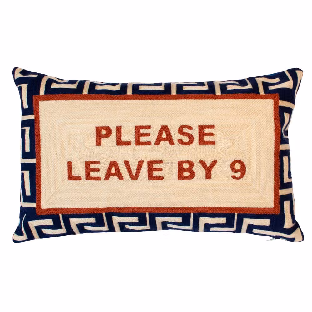 The Pillow Drop Please Leave By 9 Needlepoint Rectangular Cushion in Blue and Beige