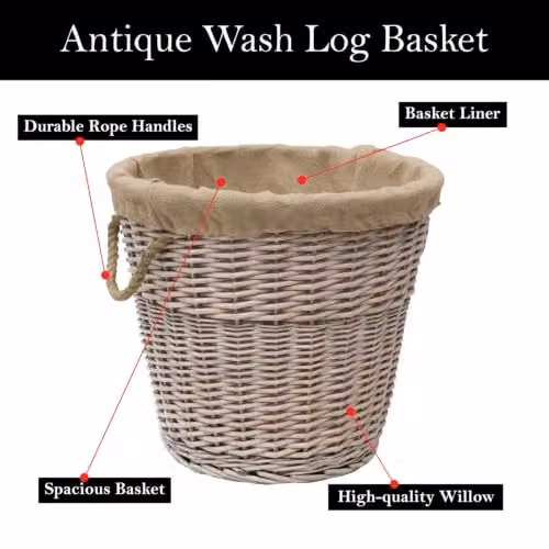 JVL Antiques Wash Brown Round Log Basket with Rope Handles and Canvas Lining, W: 37 cm, D: 50.3 cm, H: 52 cm – 2