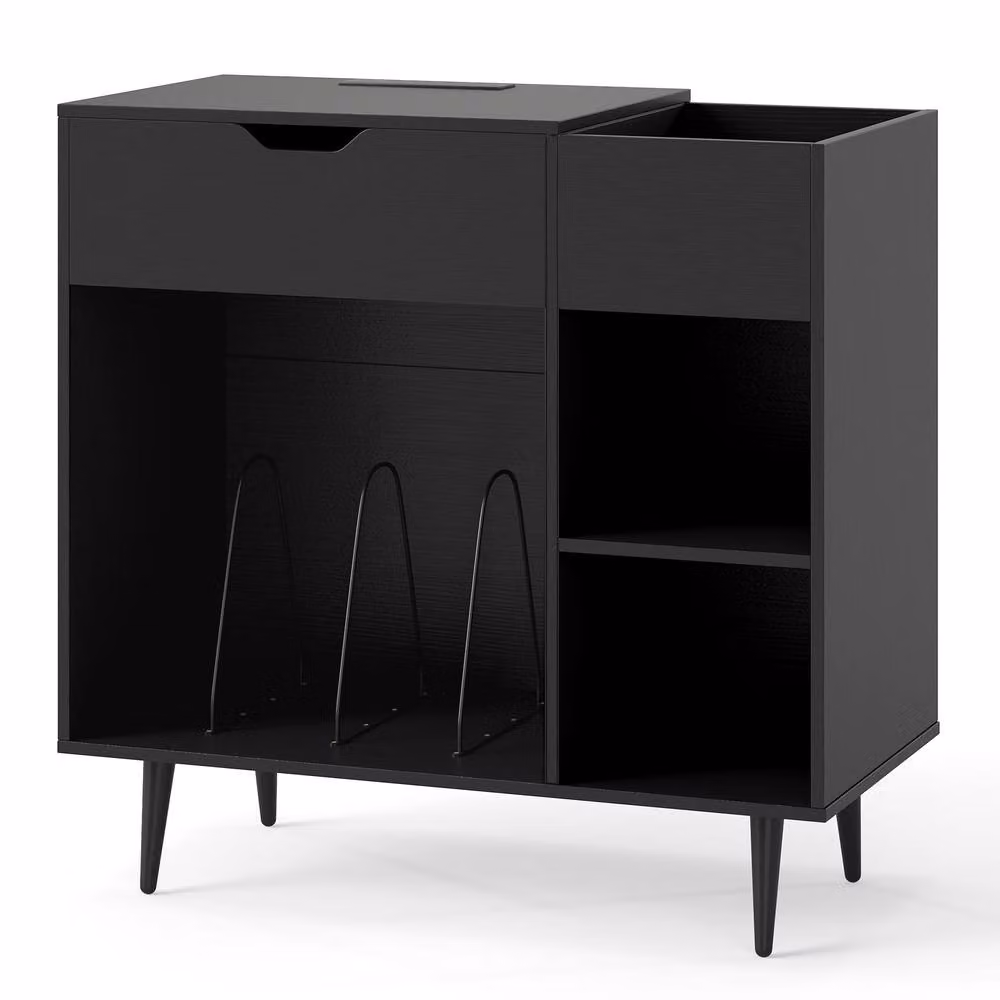 Gymax Industrial Turntable Record Player Stand and Vinyl Cabinet with Built-In Power Strip in Black – 7
