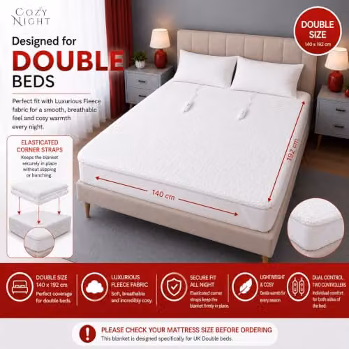 Cozy Night Double Electric Fleece Fitted Underblanket in White, W/D/H: 140 x 190 cm – 2