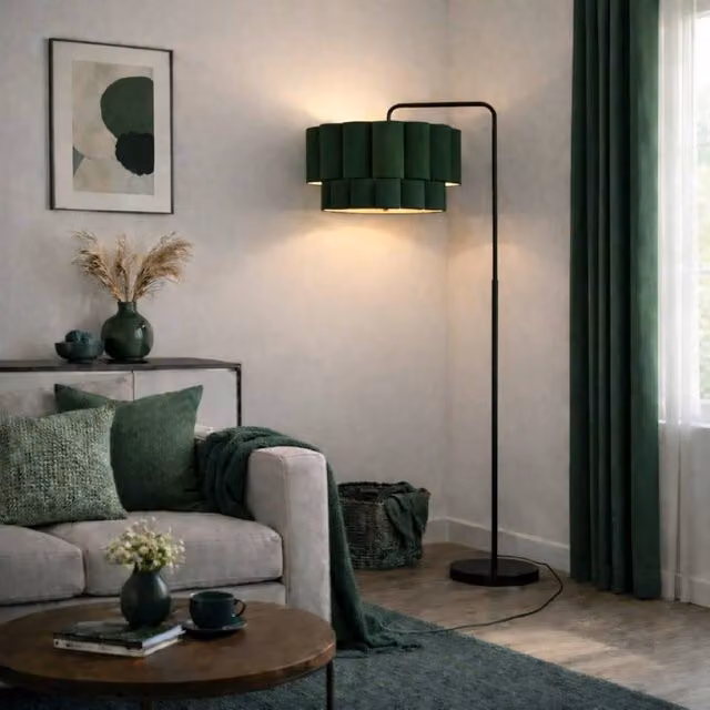 CGC Lighting Kyra Matt Black Angled Floor Lamp with Two Layer Scalloped Dark Green Fabric Lampshade – 1