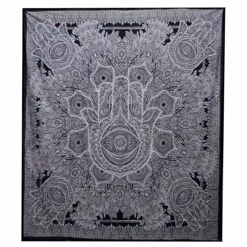 KDMD Hamsa Double Cotton Bedspread and Wall Hanging Set in Black and White with Geometric and Ethnic Designs – 1