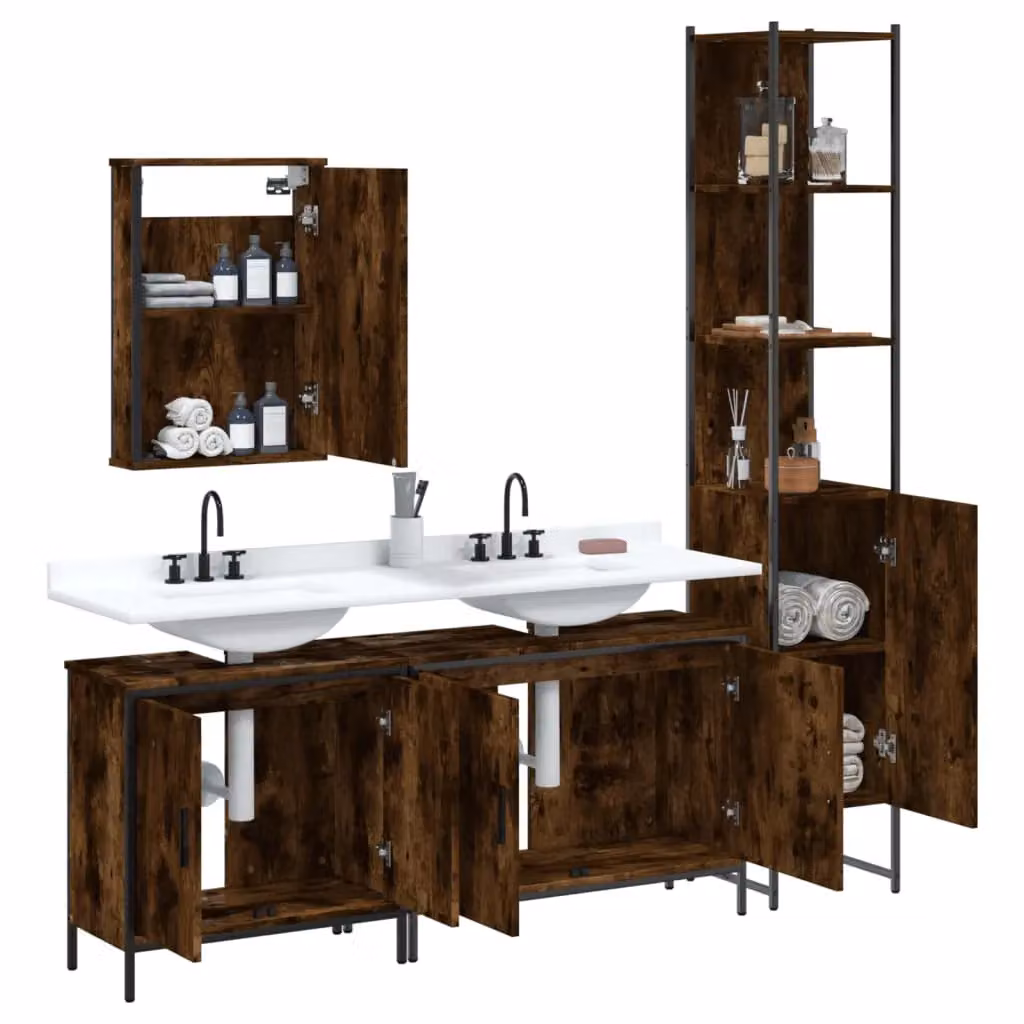 Berkfield Home 4 Piece Brown Smoked Oak Bathroom Furniture Set with Mirror Cabinet and Vanity Unit – 3