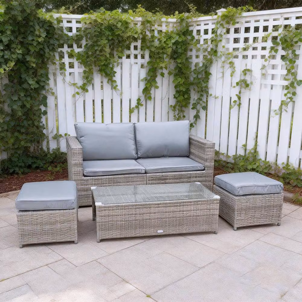 FURNITURE ONE 7 Piece L-Shape PE Rattan Garden Sofa Set with Glass Coffee Table in Grey – 4
