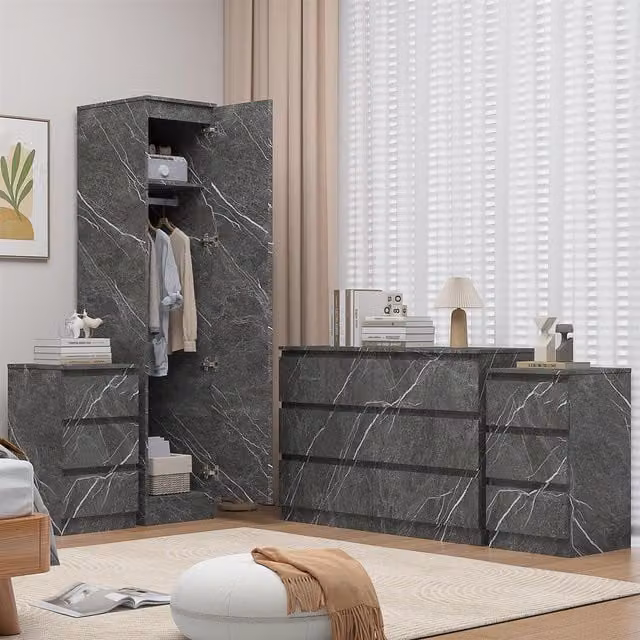 ZITA 4 Piece Bedroom Furniture Set in White and Grey Marble Effect featuring 1 Door Wardrobe, Wide Chest and 2x 3 Drawer Bedsides