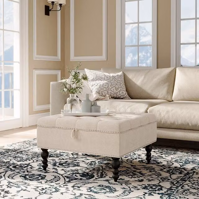 Livingandhome Beige Linen Square Tufted Storage Ottoman
