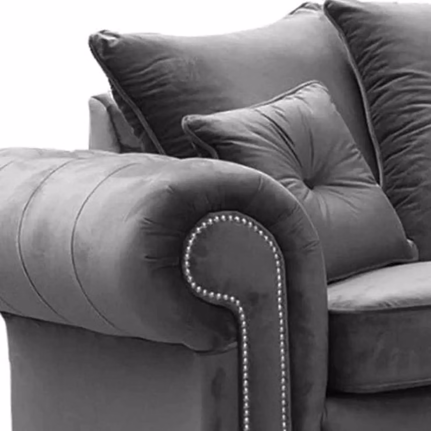 Snugg Furniture UK Limited Raven 3 Seater Plush Velvet Sofa in Grey with Button Arms and Scatter Cushions – 2