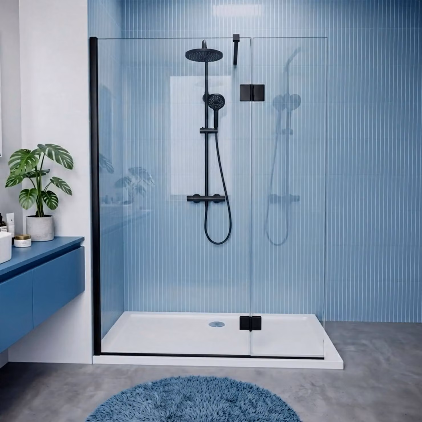 Balterley Frameless Rectangular Wetroom Screen Return in Black, W/H: 215 x 1850 mm, Thickness: 8 mm