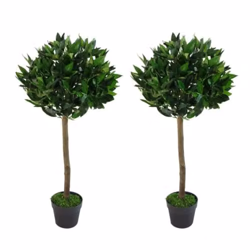 Leaf Pair of Artificial Green Bay Laurel Topiary Ball Trees, Height: 90 cm