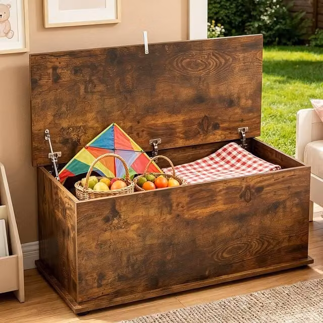 ERGOVEXA Rustic 113L Storage Chest and Shoe Bench with Safety Lid in Brown – 1