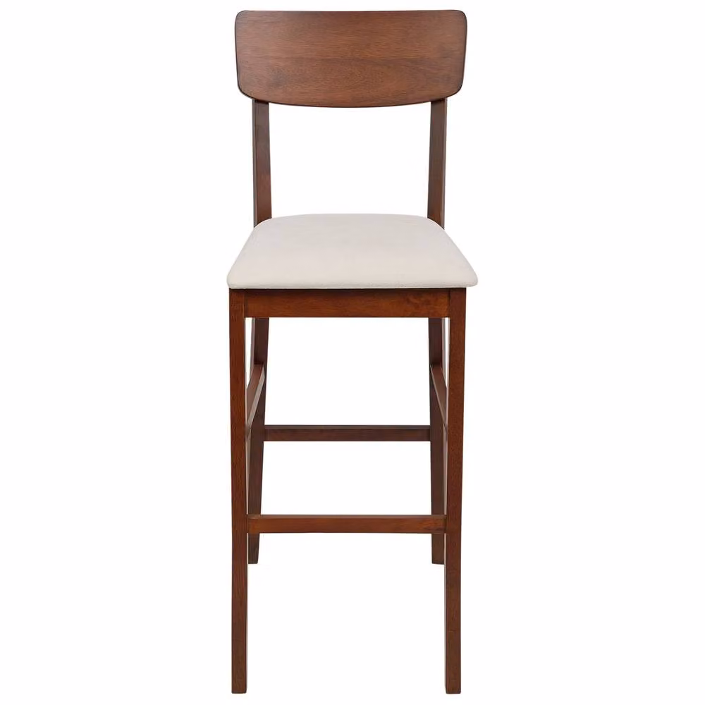 Wyld and Coco Set of 2 Rubberwood Bar Chairs with Brown Fabric Upholstery in Light Beige – 3