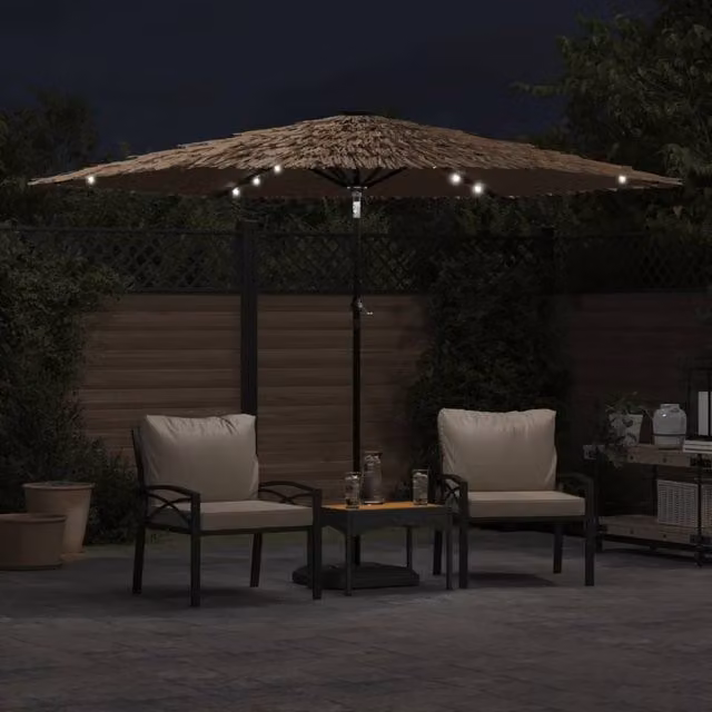 Berkfield Home Garden Parasol with LEDs and Steel Pole, Brown and Beige, W/D: 288 x 288 cm – 1