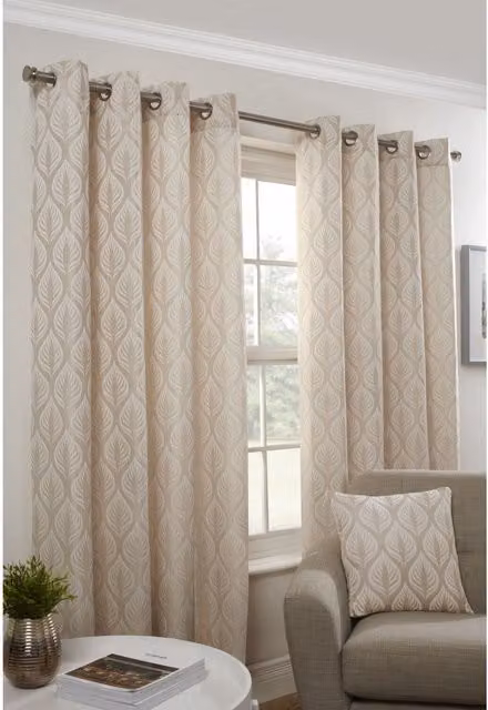 NewEdgeBlinds Floral Eyelet Curtains in White and Beige, Opaque Fabric, Height: 183 cm, Width: 116 cm