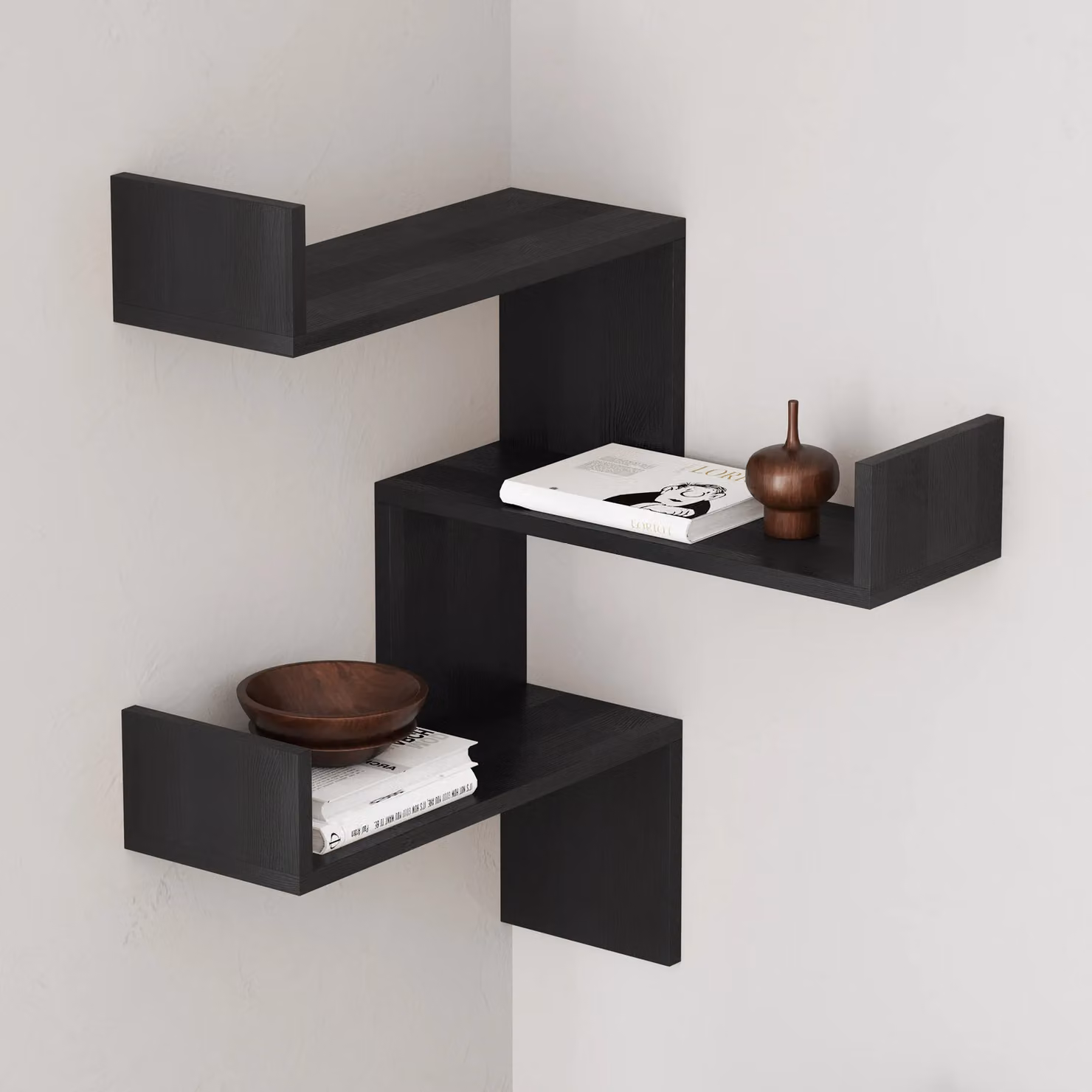 Decortie Luksa Wall Mounted Corner Bookcase with Zigzag Geometric Design in Black, W/D/H: 60 x 9 x 90 cm – 2