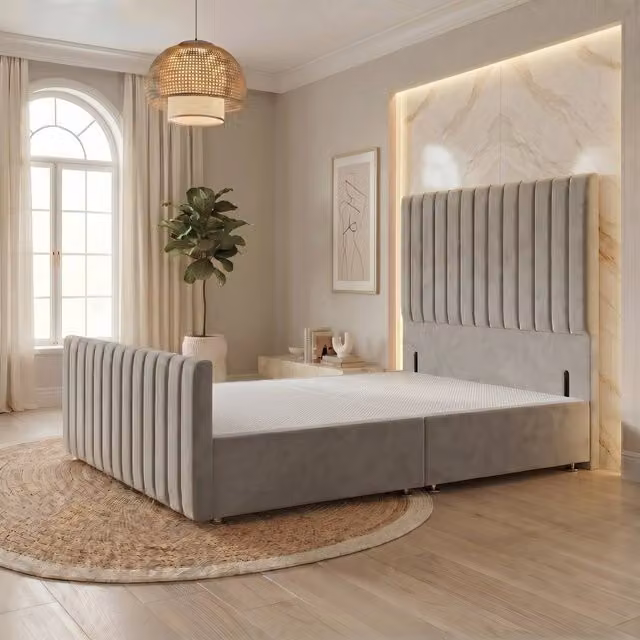 Somnior Eleanor Velvet Divan Base with Headboard and Footboard, Silver, W/D/H: 120 x 200 x 76.2 cm