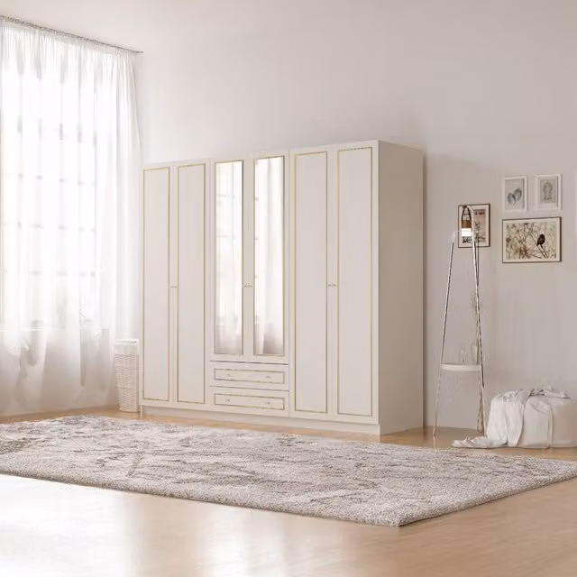 EVUHOME Marie XL 6 Door Wardrobe with 2 Integrated Drawers and Mirrors in White and Gold, H: 210 cm, W: 52 cm, D: 52 cm