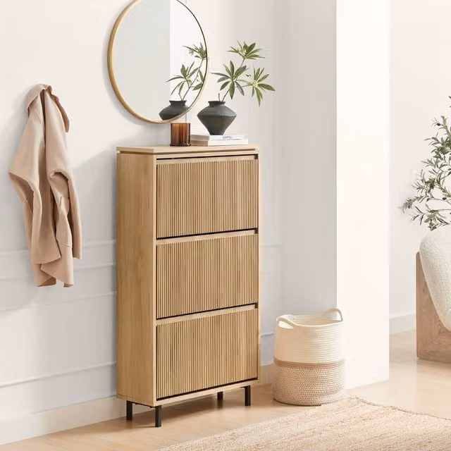 FurnitureboxUK Penrose 3 Door Oak Effect Wood Shoe Storage Cabinet in Brown – 1