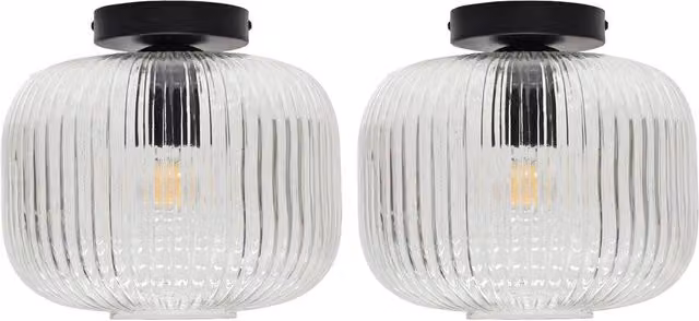 First Choice Lighting Batley Large Set of 2 Black and Transparent Ribbed Glass Ceiling Lights