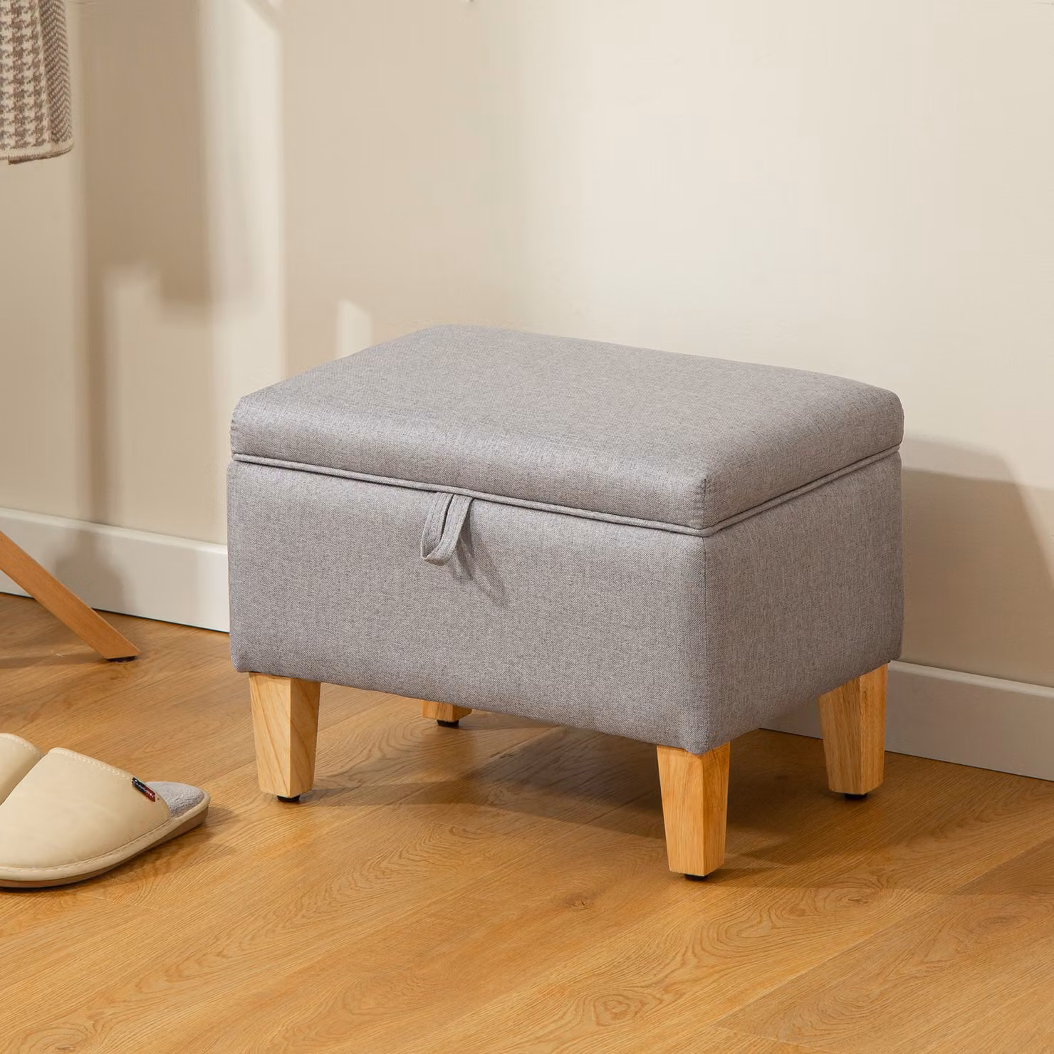 HOMCOM 16L Linen Storage Ottoman in Light Grey with Rubberwood Legs, W: 120.0 cm, D: 36.0 cm, H: 33.0 cm – 2