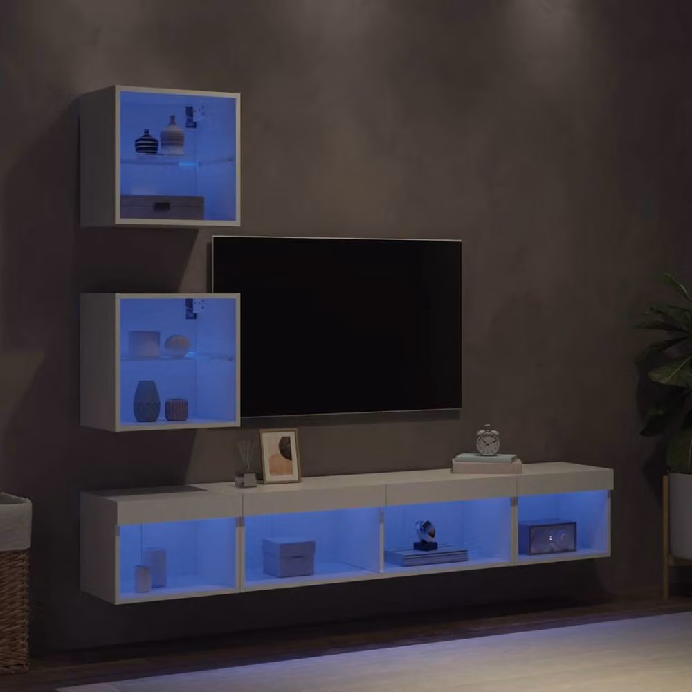 Berkfield Home Modern 5 Piece White Glossy TV Wall Unit with Integrated LED Lighting – 2