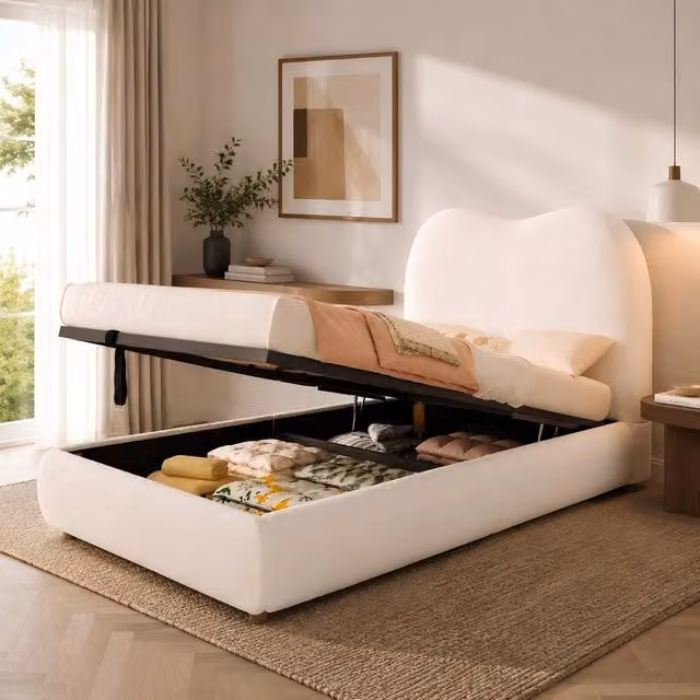 ModernLuxe Kids Single Ottoman Bed with Hydraulic Storage and Headboard in White Bouclé, W/D/H: 90 x 190 cm – 1