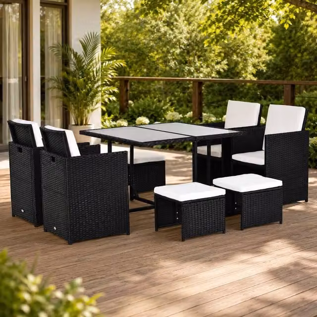 STILVORA 9-Piece Modern Dining Set with Rattan Design in Black