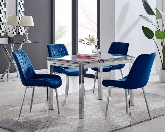 FurnitureboxUK Enna White Glass Extending 4-6 Seater Dining Table and 4 Pesaro Navy Blue Soft Velvet Chairs