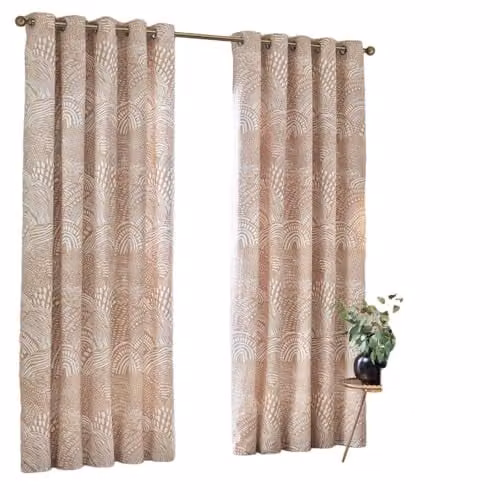 HOEM Nola Abstract Geometric Room Darkening Eyelet Curtains in Beige, W: 168 cm, H: 137 cm – 1