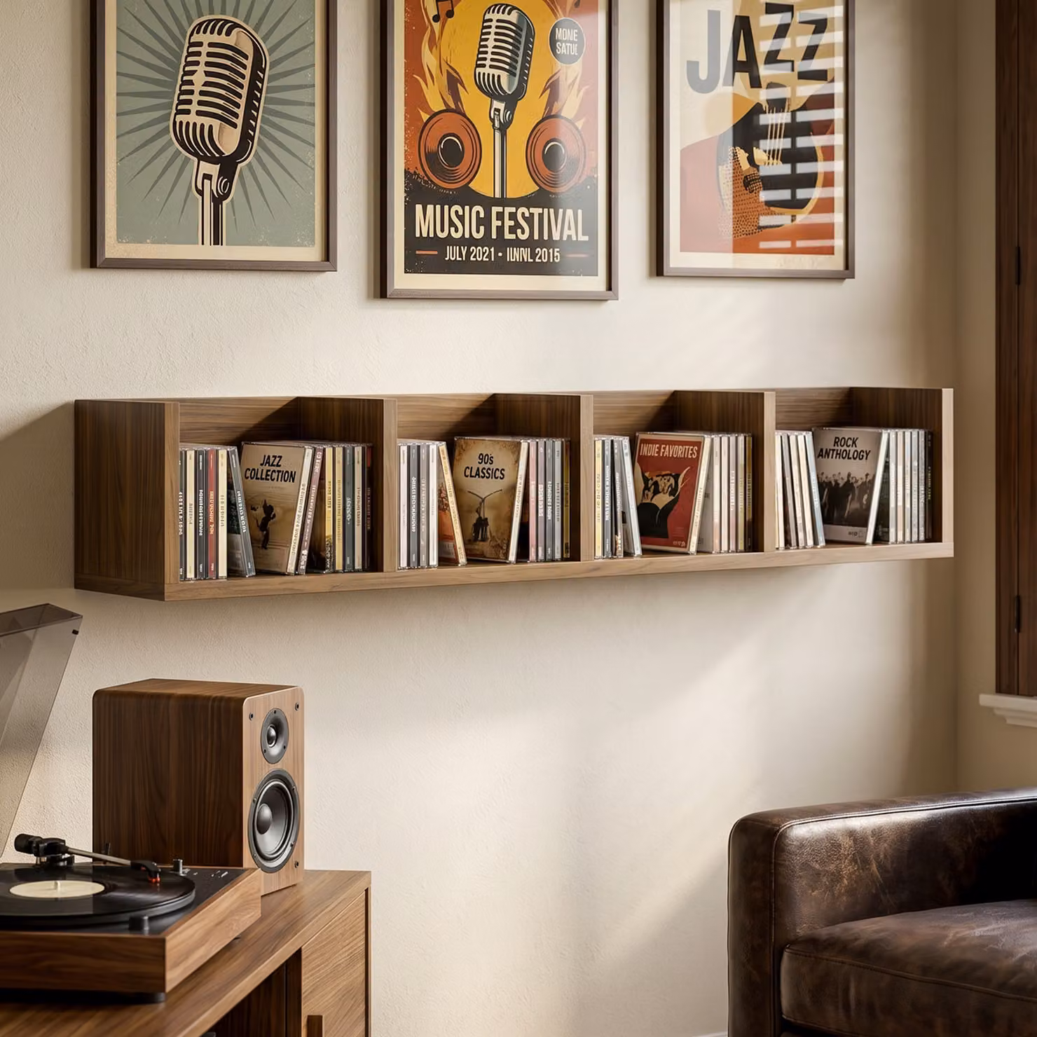 HOMCOM Wall Mounted Wooden Media Storage Rack with 4 Cubes for CD, DVD and Blu-ray, Walnut Brown – 2