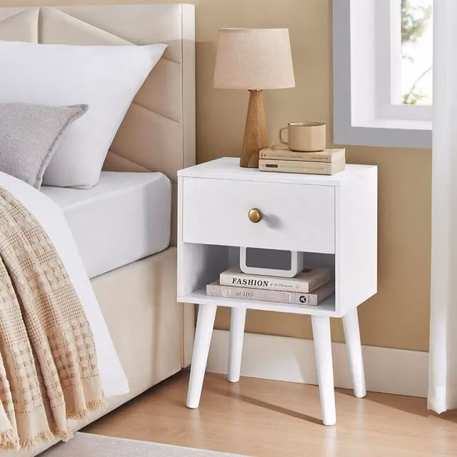 VASAGLE Set of 2 White Scandinavian Style Bedside Tables with Storage Drawer and Solid Wood Legs – 1