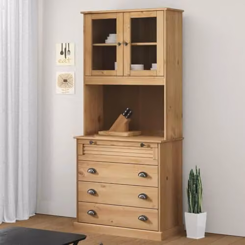 vidaXL VIGO Rustic Brown Solid Pine Wood Highboard with Glass Doors, W/D/H: 80 x 40 x 176 cm – 2