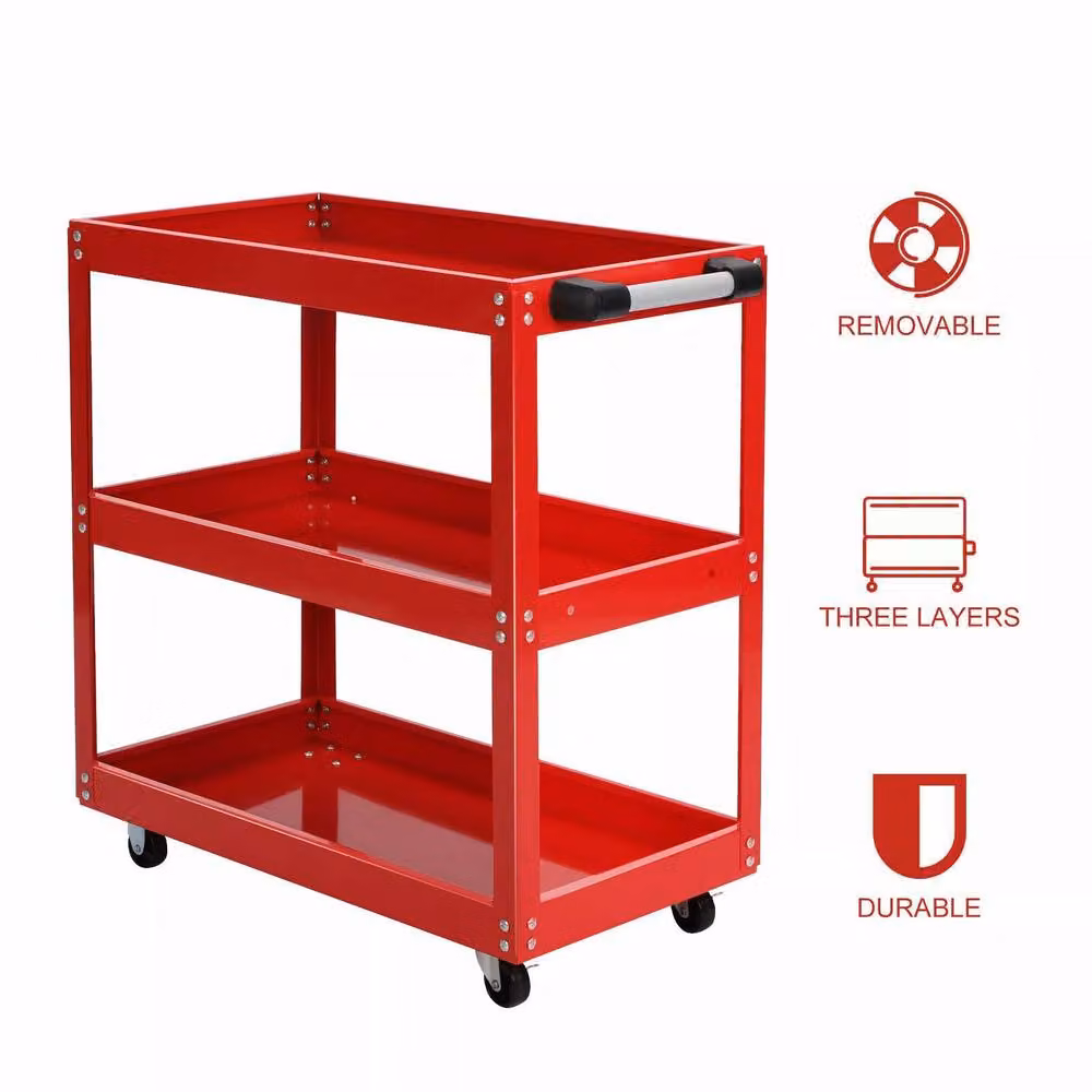 Dprodo Heavy Duty 3-Shelf Rolling Steel Cart with Lockable Wheels, Red, W/D/H: 60 x 60 x 60 cm – 5