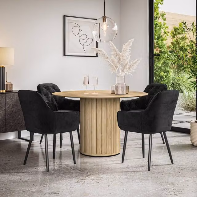 More4Homes Arlo Oak Round Dining Table and 4 Black Anika Velvet Dining Chairs Set – 1