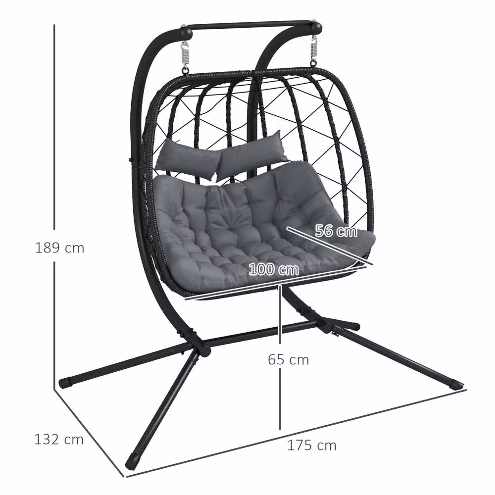 ERGOVEXA Two-Seater Hanging Egg Chair with Steel Frame, Black, H 189 x W 132 x D 132 cm – 2