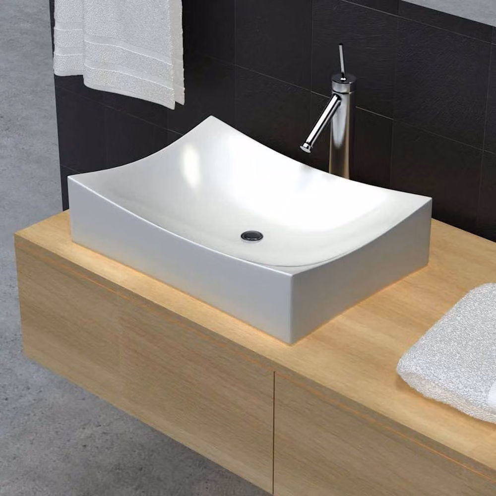 Berkfield Home White High Gloss Ceramic Porcelain Rectangular Countertop Bathroom Sink – 2