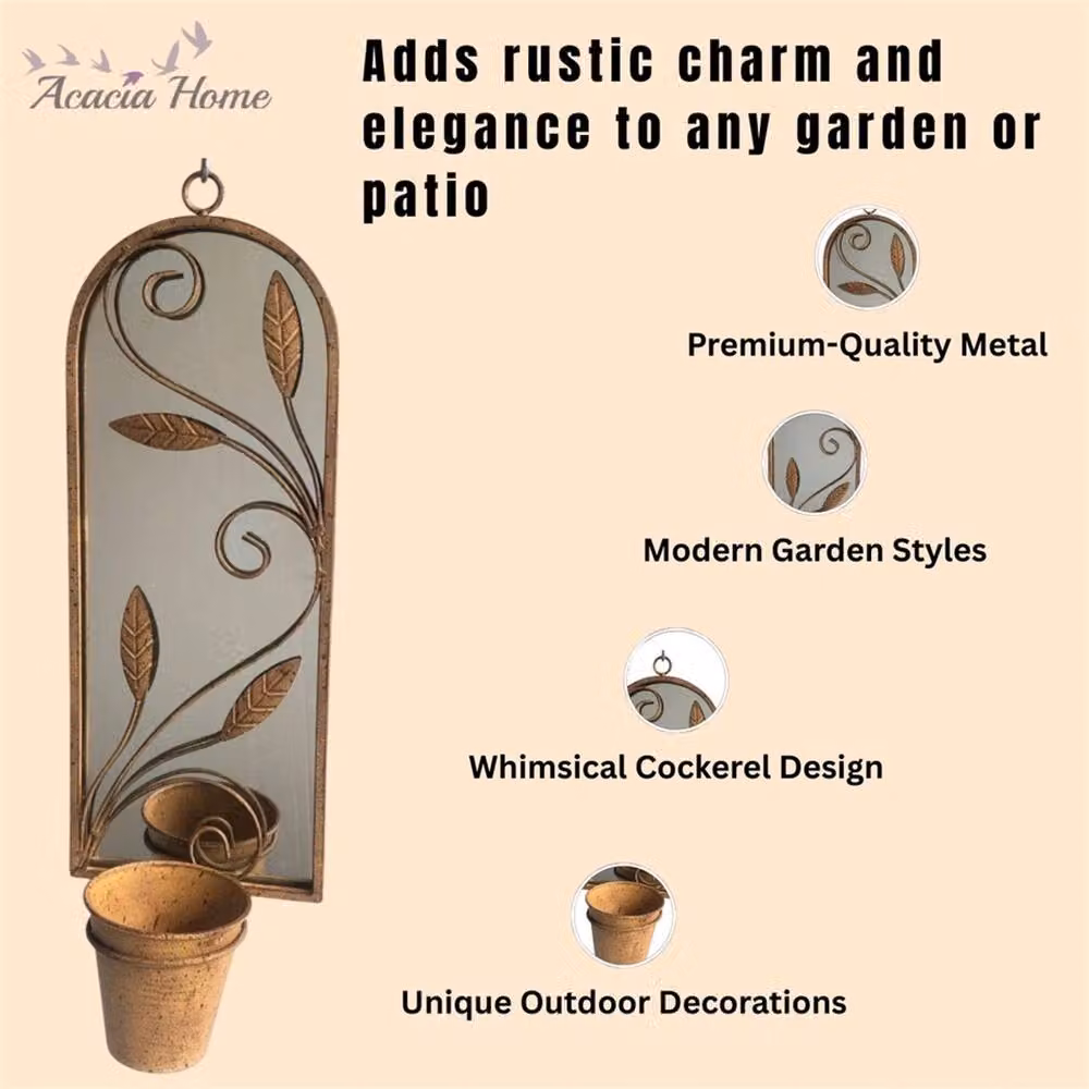 Nordara Rusty Metal Arched Garden Mirror with Floral Planter Pot in Brown, H 100 cm x W 15 cm – 4