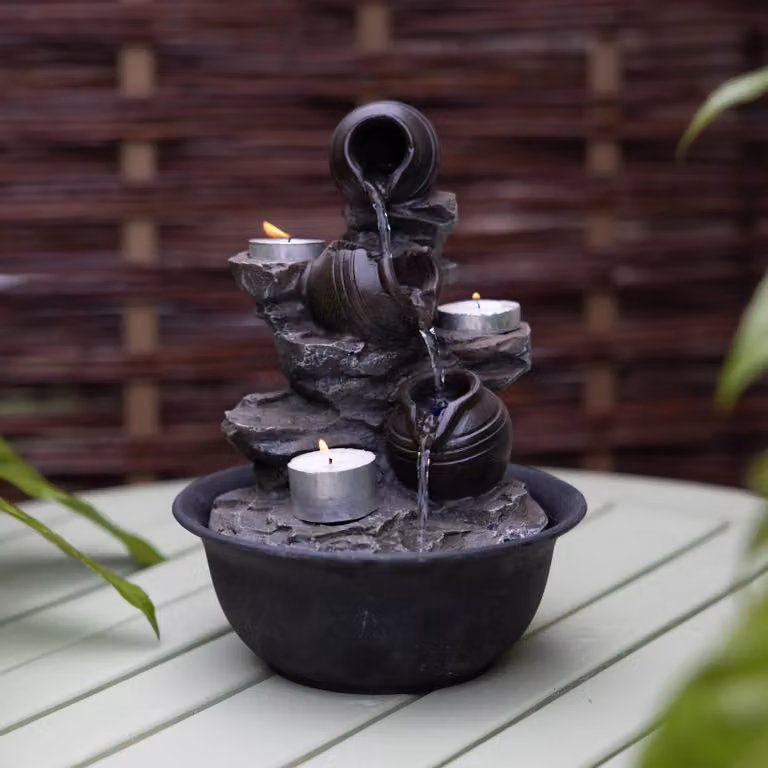 Primrose Slate Effect Cascading Bowls Tabletop Water Feature with LED Lights, Grey, Height: 21 cm