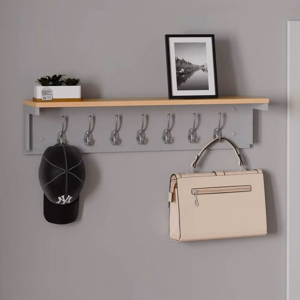 Kelvenix Grey Wall Mounted Coat Rack Shelf with 14 Hooks, W: 80 cm, H: 18 cm, D: 14 cm – 3