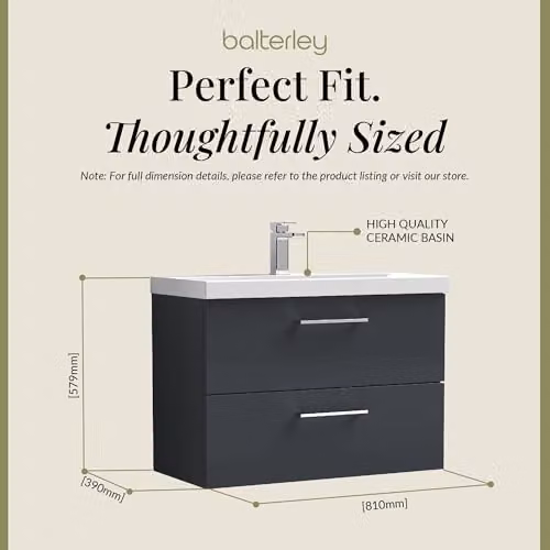 Balterley Wall Hung 2 Drawer Bathroom Vanity Unit with Basin in Dark Grey, W: 81.0 cm, D: 39.0 cm, H: 57.9 cm – 2