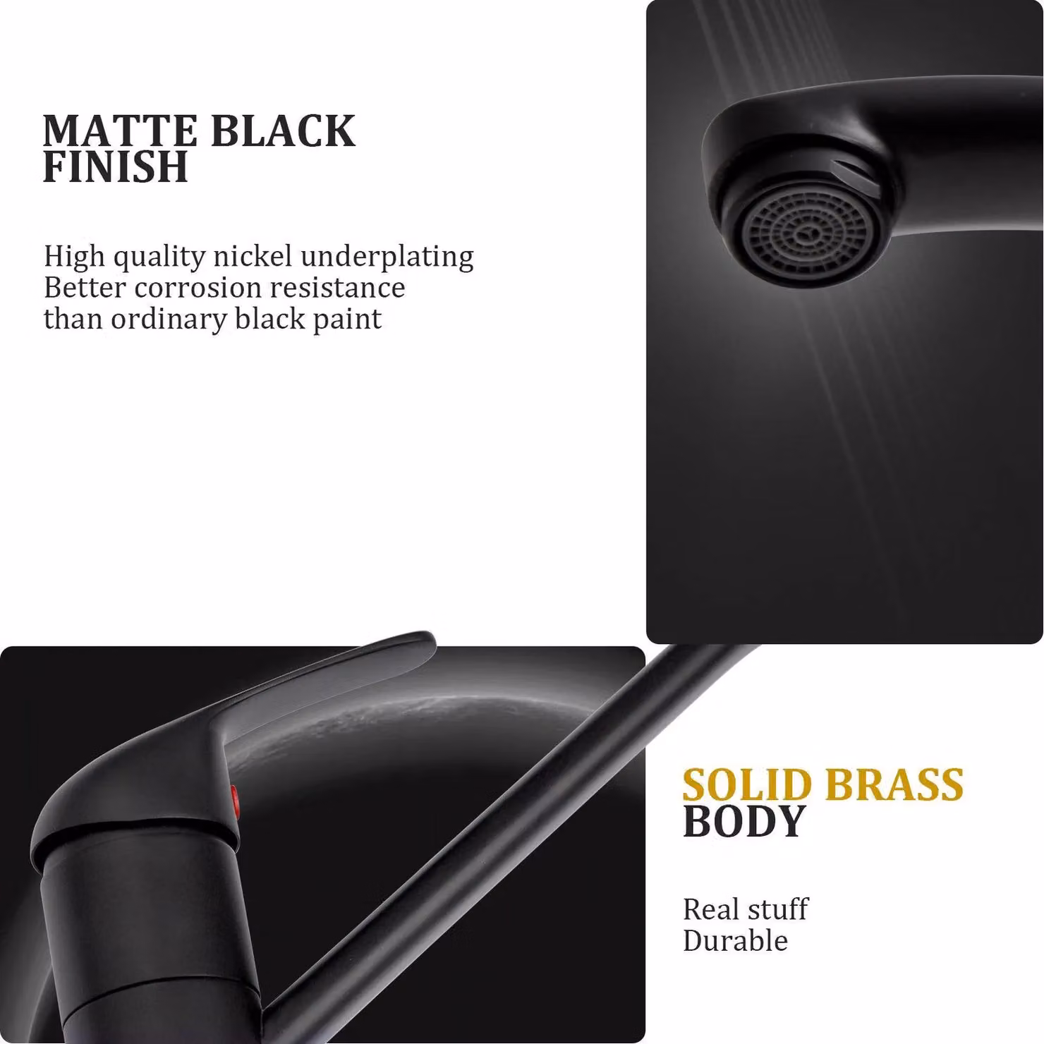 BATHWEST Matte Black Single Lever Kitchen Mixer Tap with 360 Swivel Spout in Brass – 3