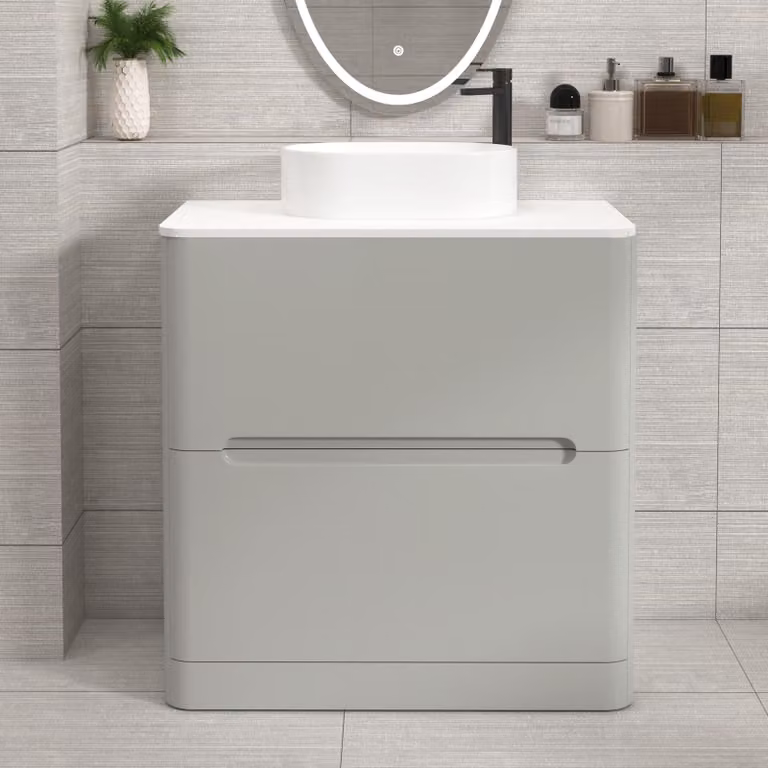 Royal Bathrooms Venice 800mm Floor Standing Vanity Unit in Dove Grey with 2 Drawers, Plain White Worktop and Peak Basin