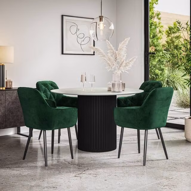 More4Homes Arlo White Marble Top Round Dining Table with Black Legs and 4 Anika Green Velvet Dining Chairs Set, W/D/H: 120 x 120 x 75 cm – 1