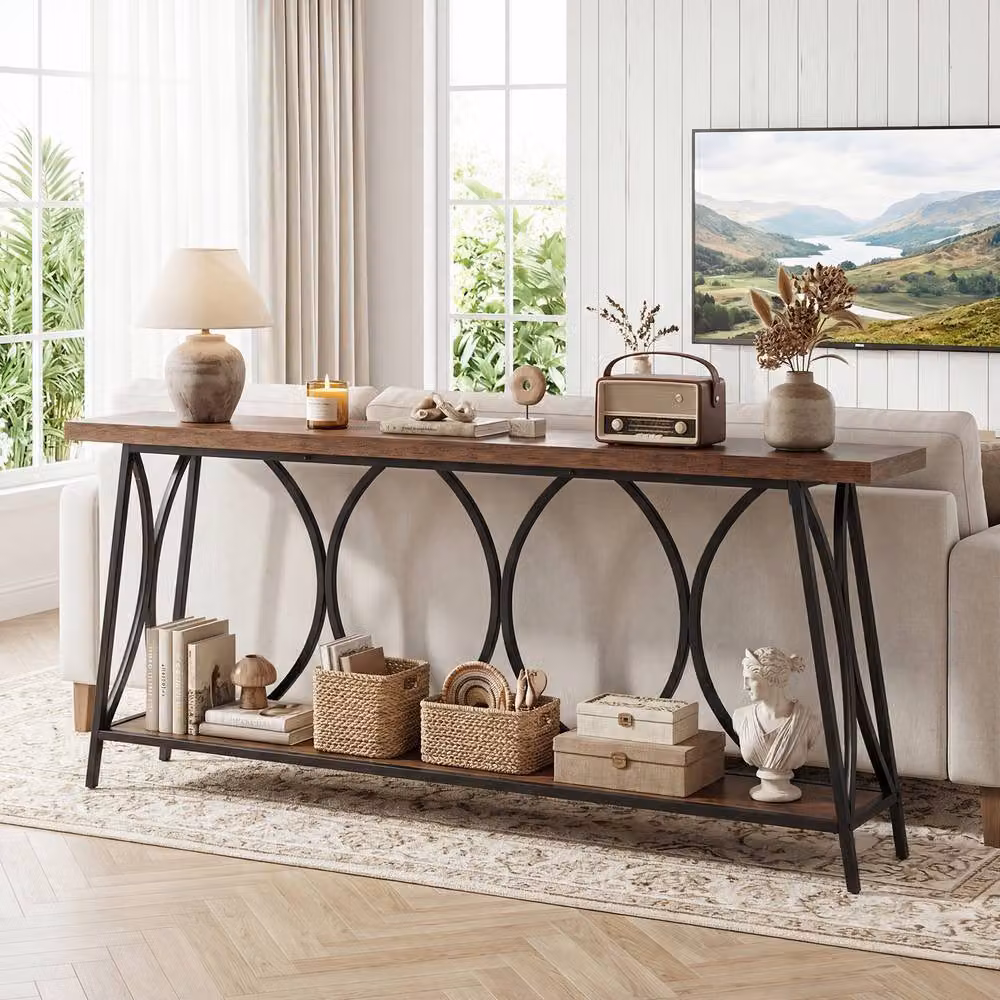 Costway Narrow Industrial Sofa Table with Heavy-Duty Metal Frame in Brown – 3
