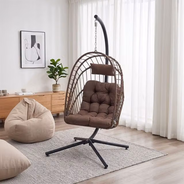 Breeins Hanging Egg Swing Chair with Cushion and Headrest in Brown and Black