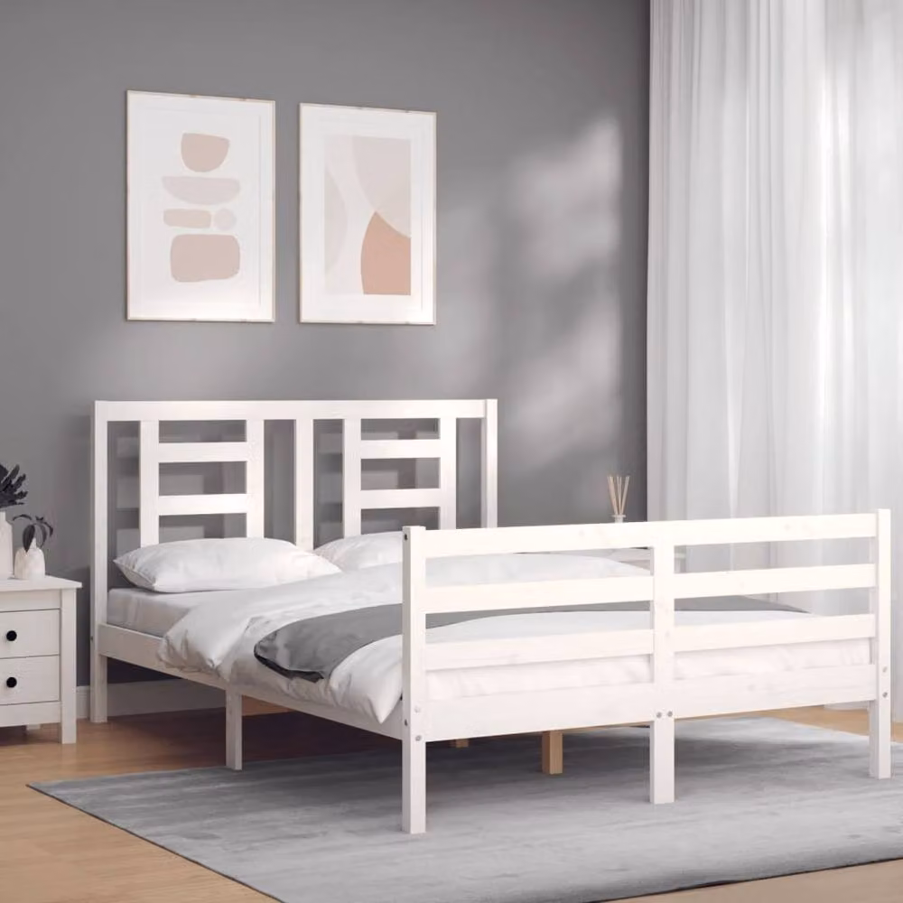 Berkfield Home Solid Wood Bed Frame with Headboard in White, W/D/H: 140 x 200 cm – 2