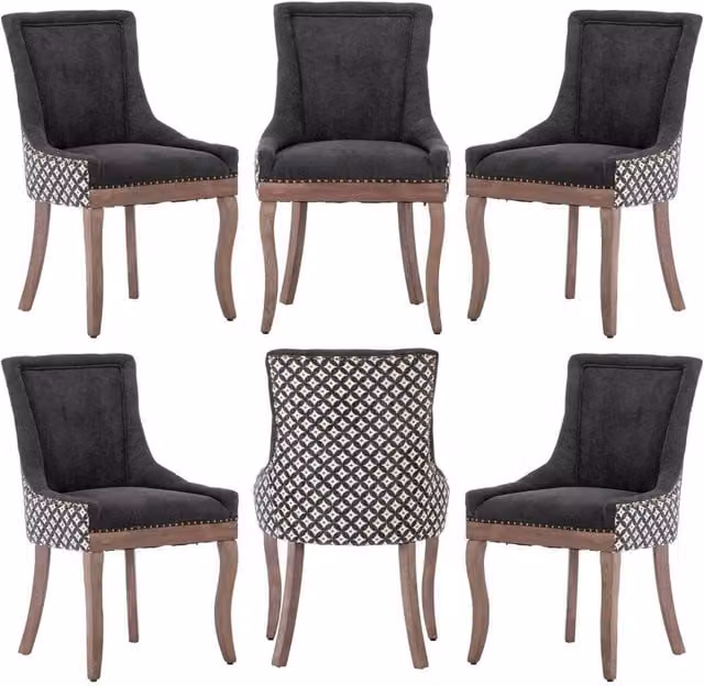 Modern Home Touch Bewley Set of 6 Vintage Linen Upholstered Kitchen Dining Chairs with Oak Wood Legs in Black – 1