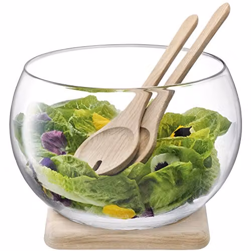 LSA International Serve Salad Set with Oak Base, Clear Glass, Diameter: 27 cm