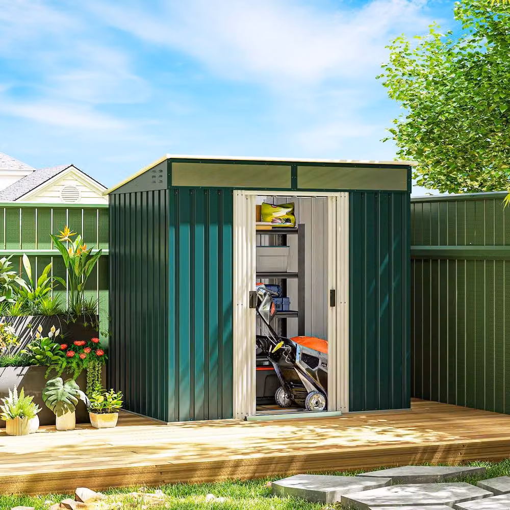 Rolipo Green Galvanised Metal Pent Shed with Sliding Doors and Side Vents, W/D/H: 195 x 122 x 200 cm – 3