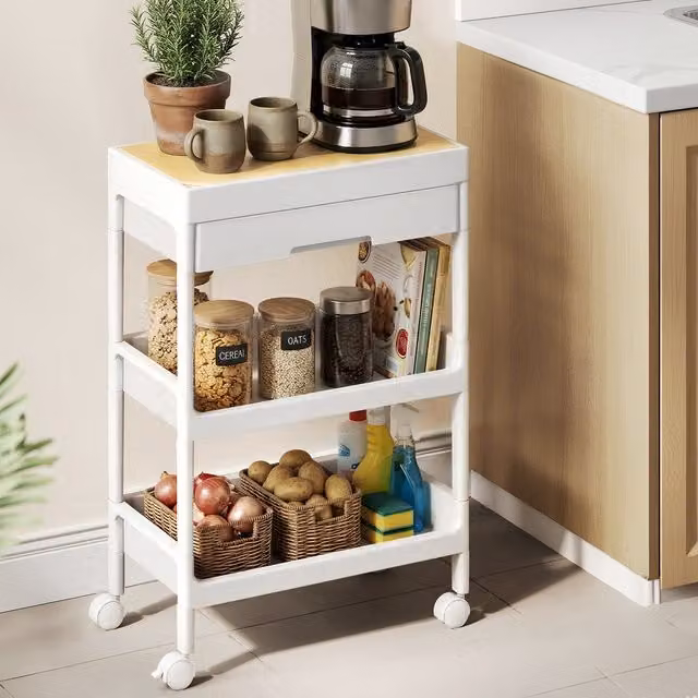 SONGMICS 3-Tier Rolling Kitchen Cart with Tray and Drawer in White