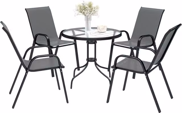 Outsunny 5 Piece Steel Patio Dining Set with Glass Top Round Table and 4 Chairs in Dark Grey – 1